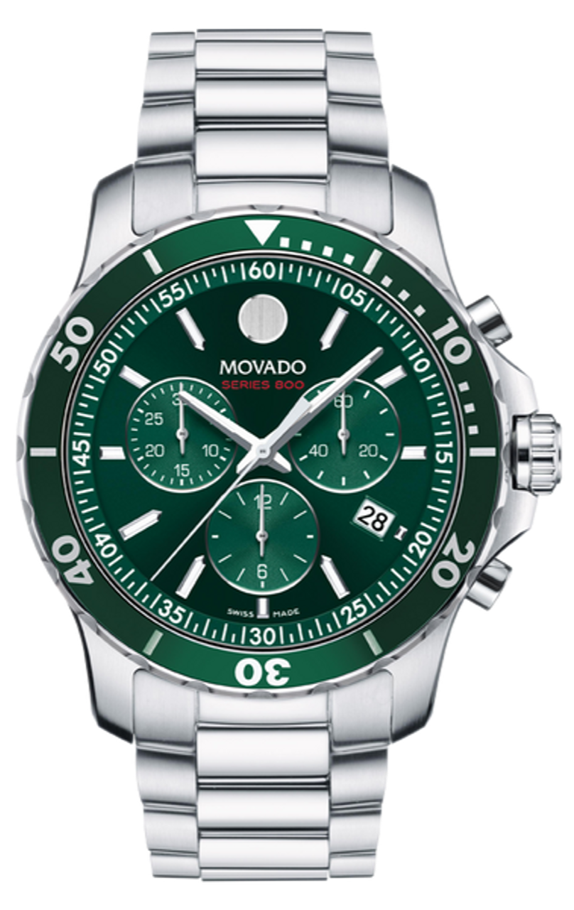 Movado Series 800 Chronograph Green Dial Silver Steel Strap Watch for Men - 2600179
