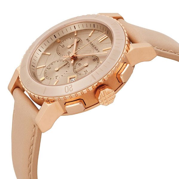 Burberry Chronograph Rose Gold Dial Beige Leather Strap Watch for Women - BU9704
