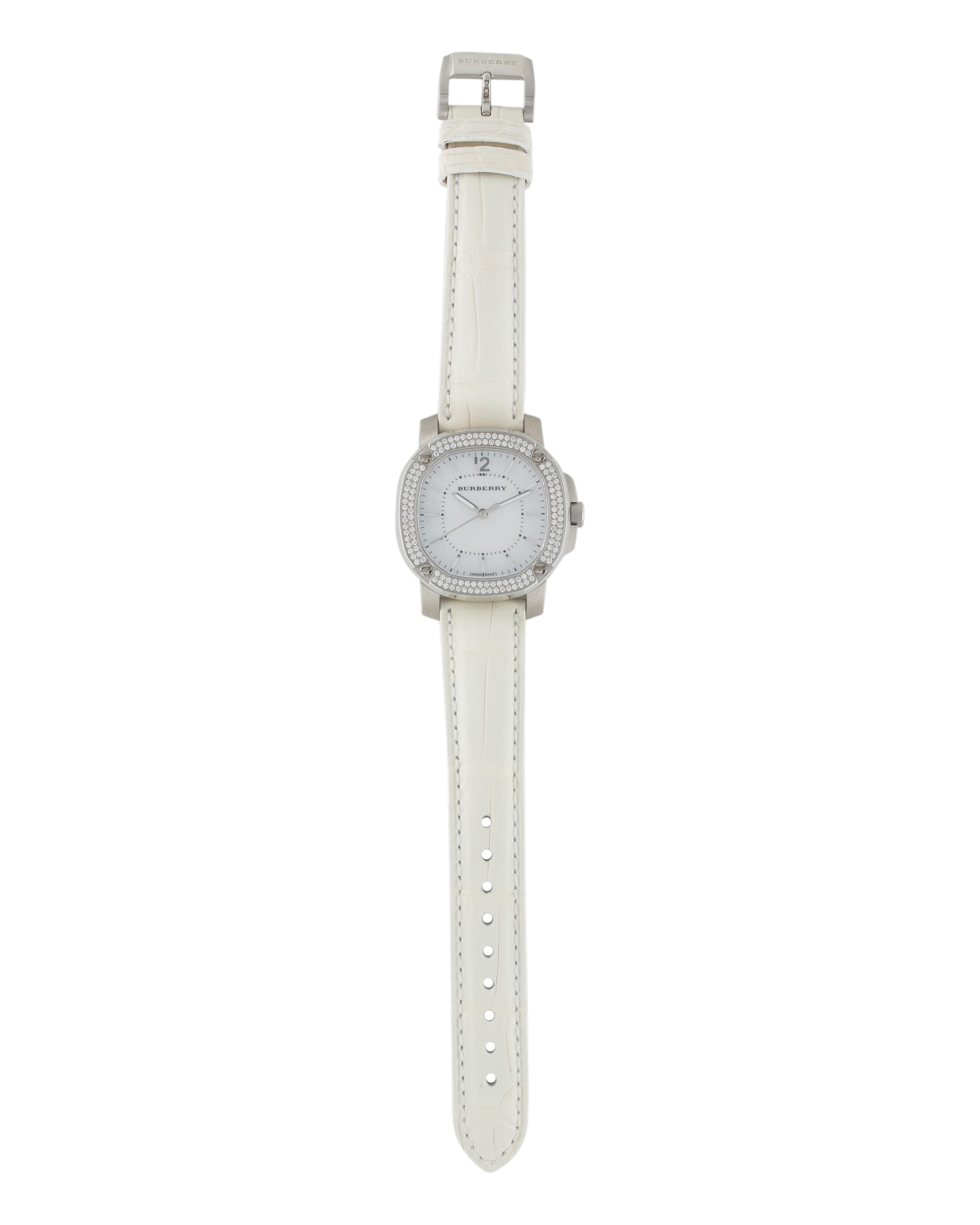 Burberry The Britain Diamonds Mother of Pearl Dial White Leather Strap Watch for Women - BBY1800