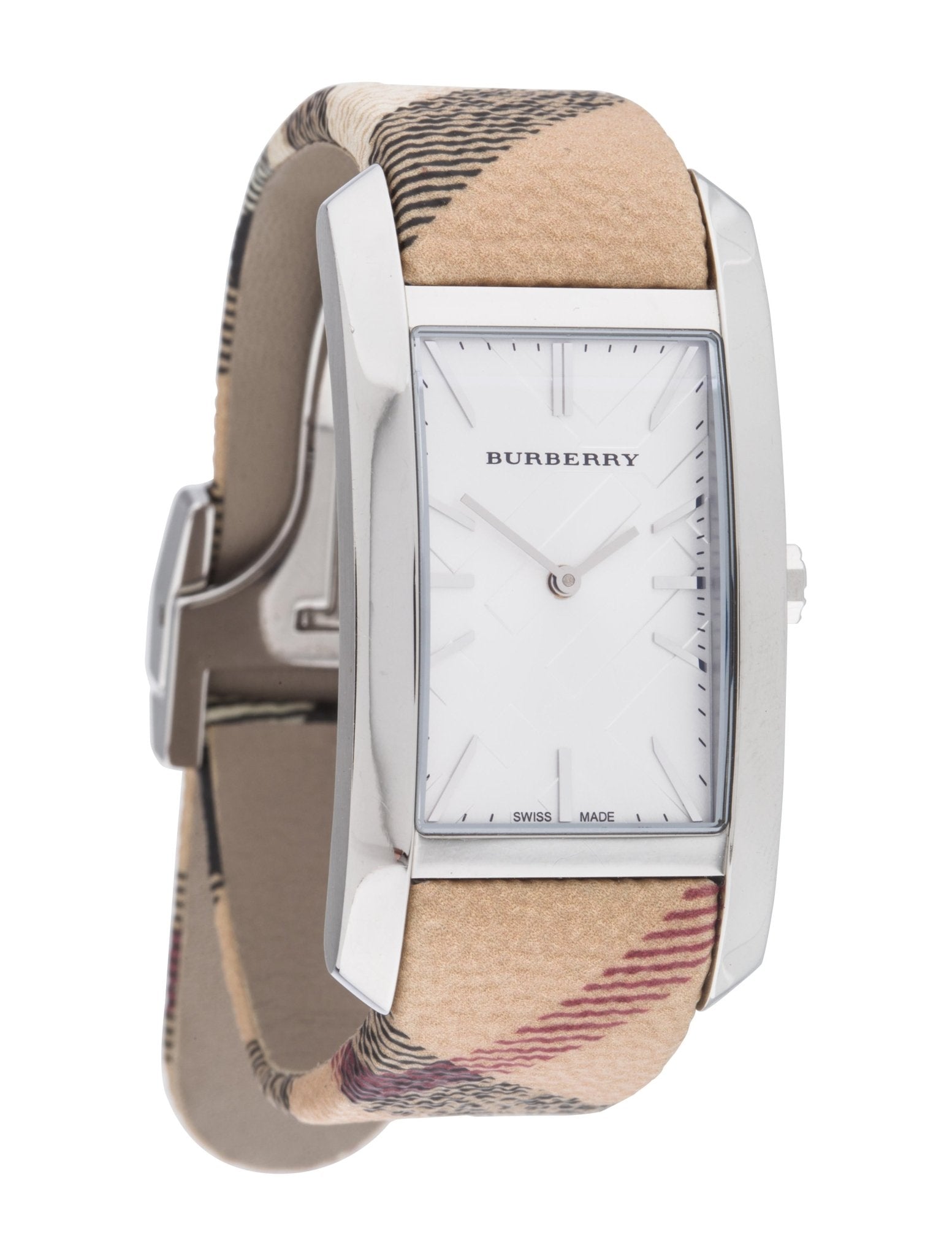 Burberry The Pioneer Silver Dial Haymarket Beige Leather Strap Watch for Women - BU9406