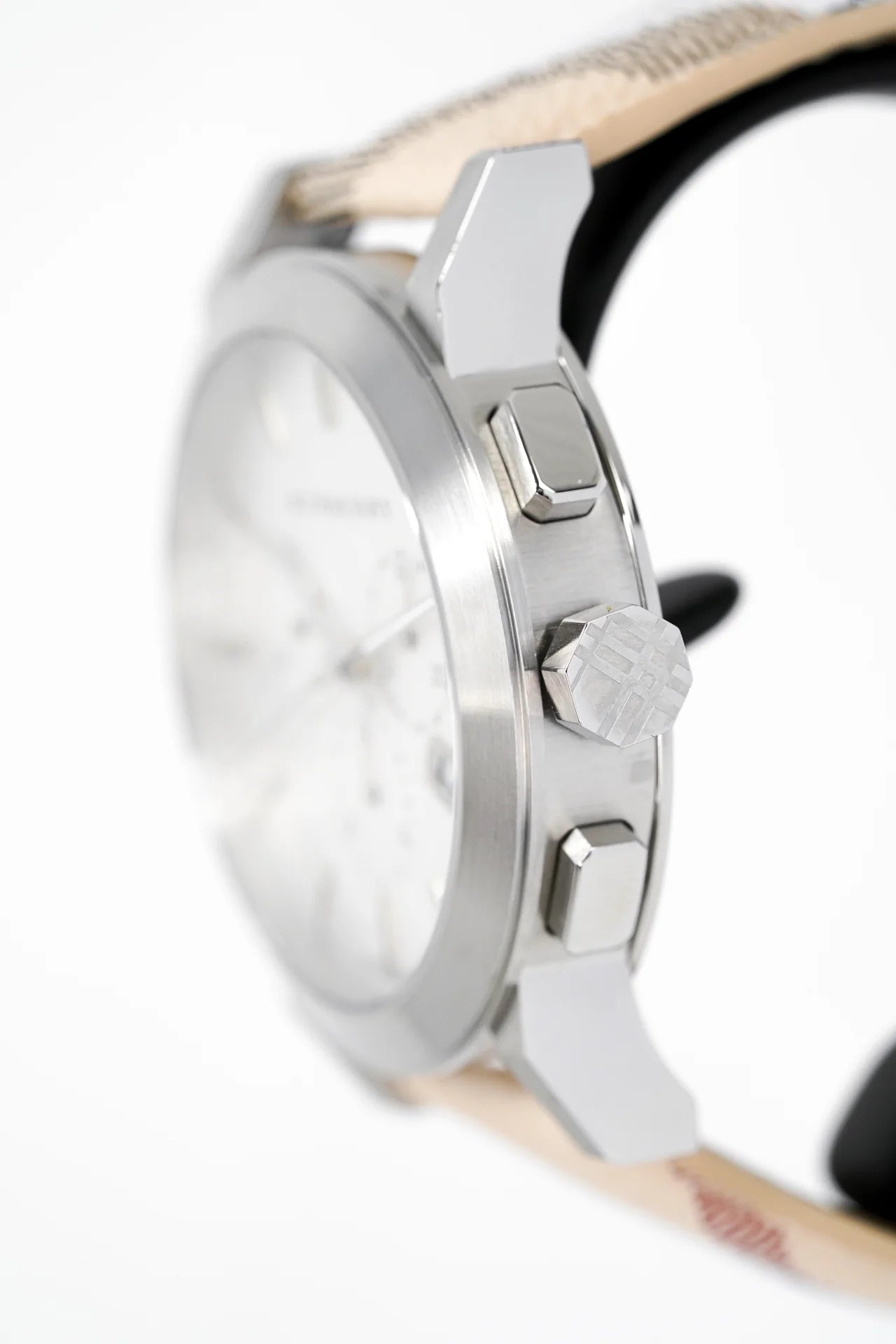 Burberry The City Chronograph White Dial Haymarket Leather Strap Watch For Men - BU9360