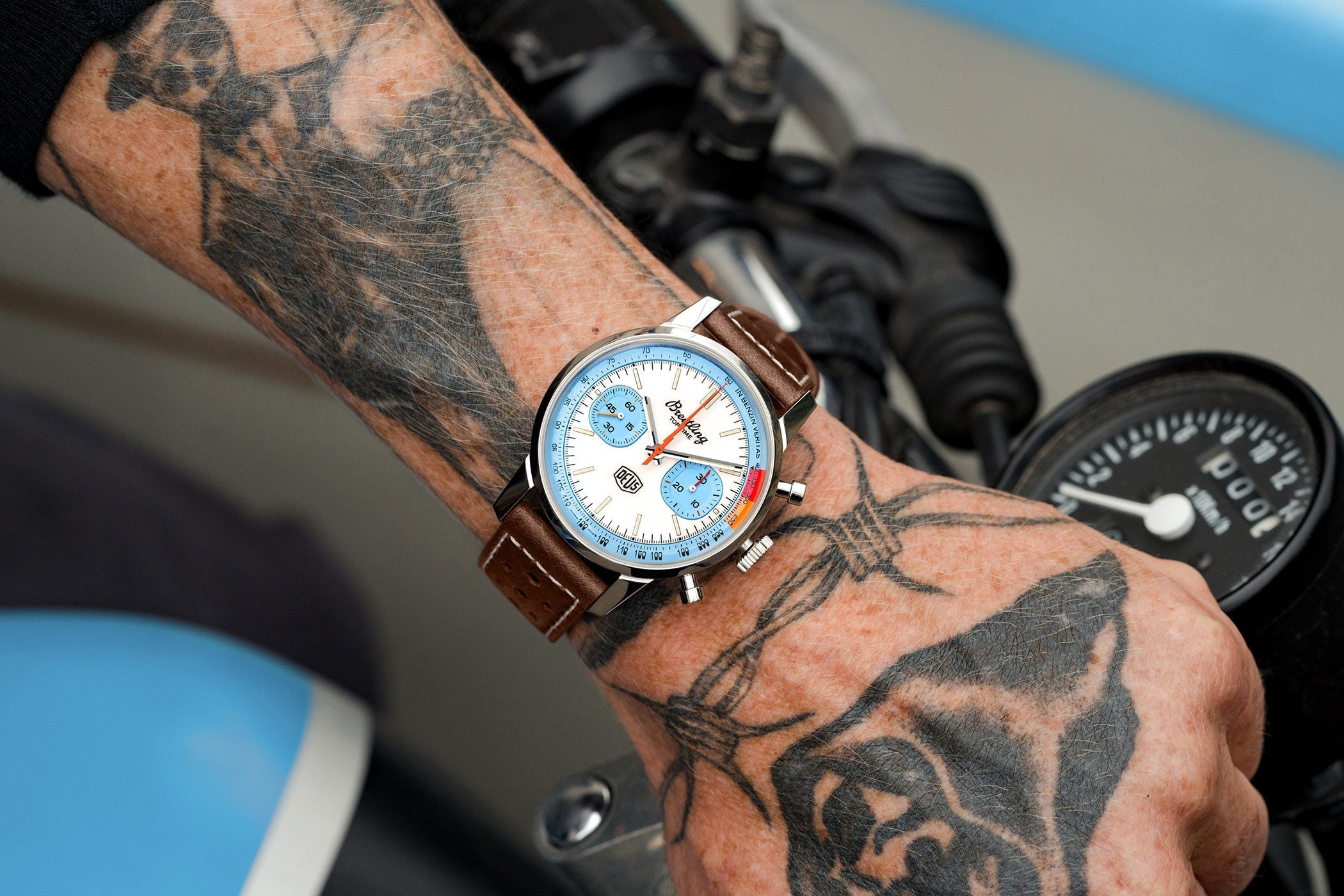 Breitling Top Time Deus Limited Edition White Dial Brown Leather Strap Watch for Men - A233112A1A1X1