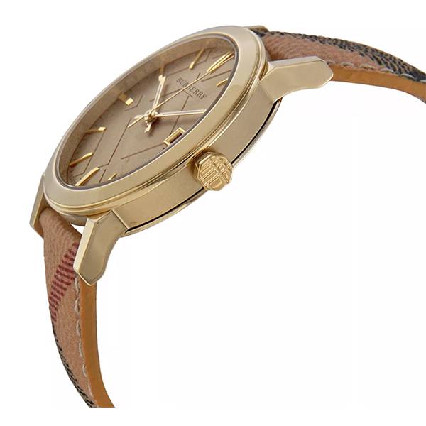 Burberry The City Gold Dial Haymarket Brown Leather Strap Watch for Women - BU9026