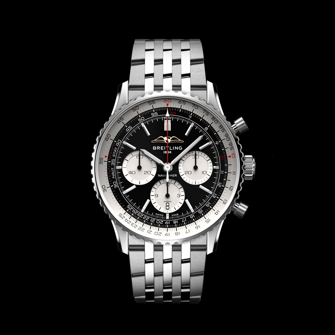 Breitling Navitimer B01 Chronograph 43 Black Dial Silver Steel Strap Watch for Men - AB0138211B1A1
