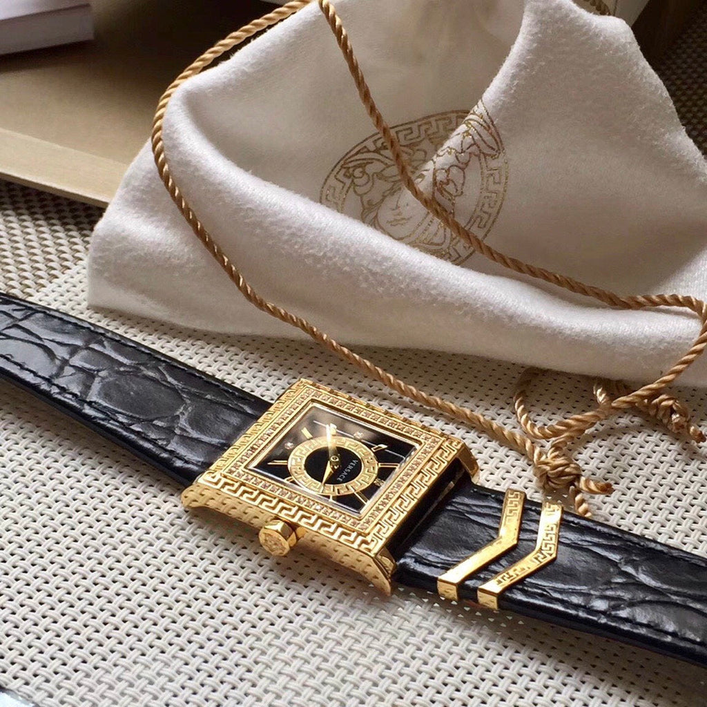 Versace VD-25 Diamonds Black Dial Black Leather Strap Watch for Women - VQF020015