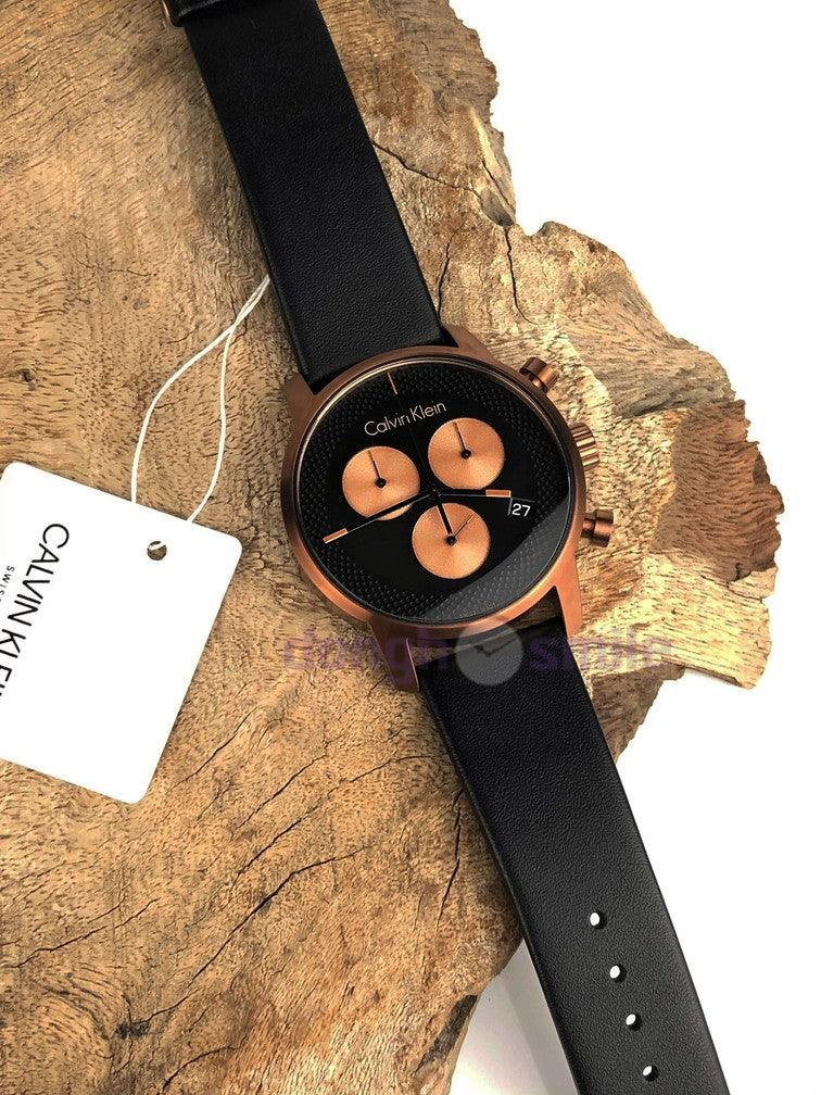 Calvin Klein City Chronograph Black Dial Black Leather Strap Watch for Men - K2G17TC1