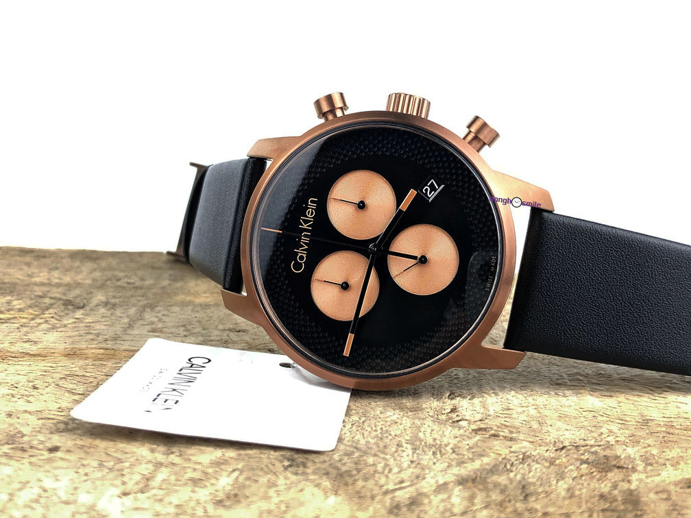 Calvin Klein City Chronograph Black Dial Black Leather Strap Watch for Men - K2G17TC1