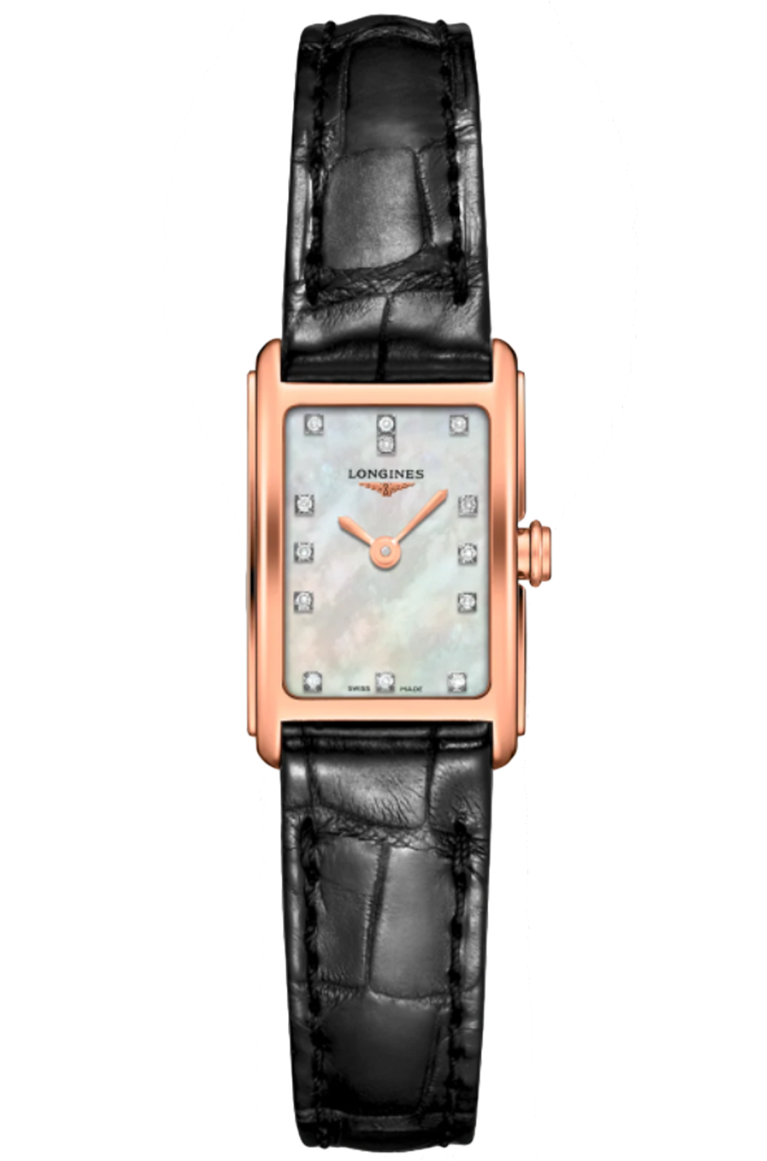 Longines Dolcevita Diamonds Mother of Pearl White Dial Black Leather Strap Watch for Women - L5.258.8.87.0