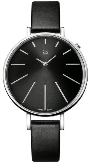 Calvin Klein Equal Black Dial Black Leather Strap Watch for Women - K3E231C1