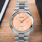 Citizen Tsuyosa Automatic Salmon Orange Dial Silver Steel Strap Watch For Men - NJ0159-86Z