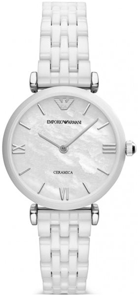 Emporio Armani Giannti T Bar Quartz Mother of Pearl Dial White Steel Strap Watch For Women - AR1485