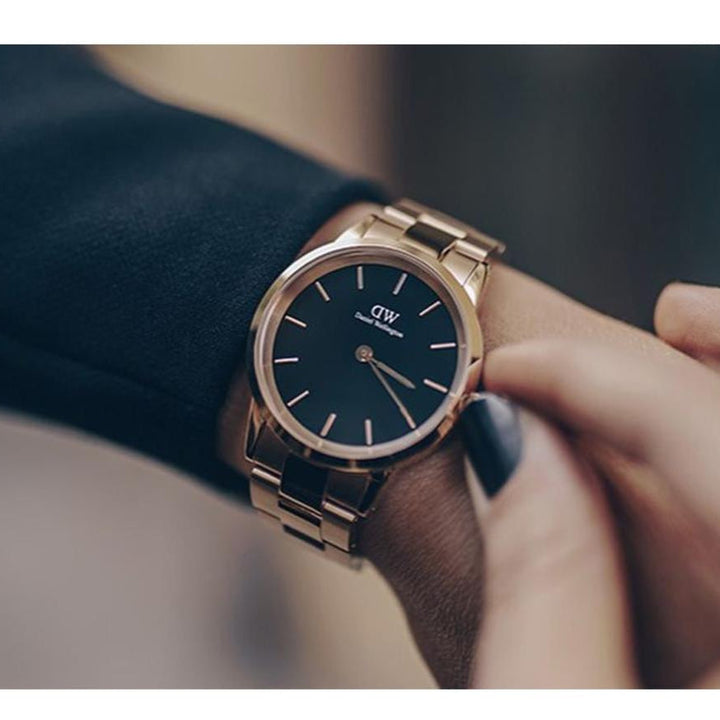 Daniel Wellington Iconic Link Black Dial Rose Gold Steel Strap Watch for Women - DW00100210