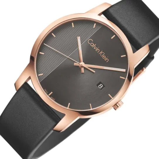 Calvin Klein City Quartz Grey Dial Black Leather Strap Watch for Men - K2G2G6C3