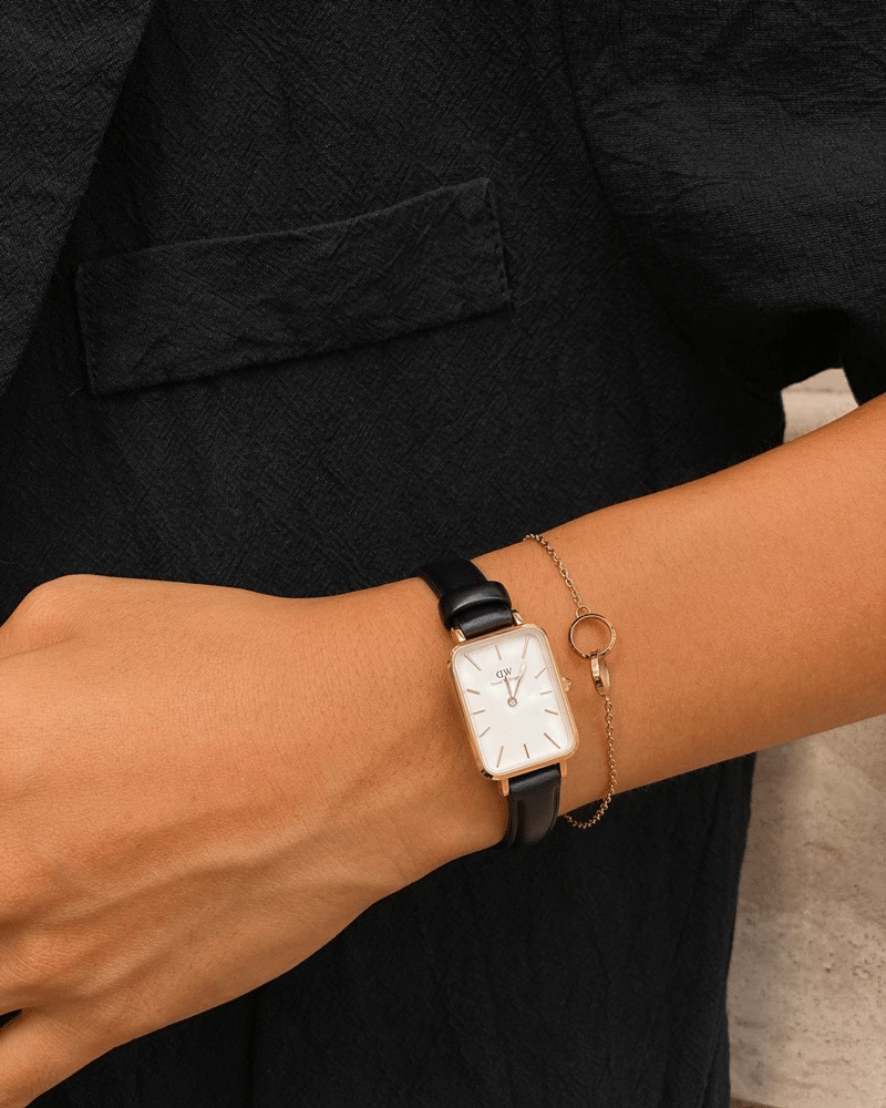 Daniel Wellington Quadro White Dial Black Leather Strap Watch For Women - DW00100434