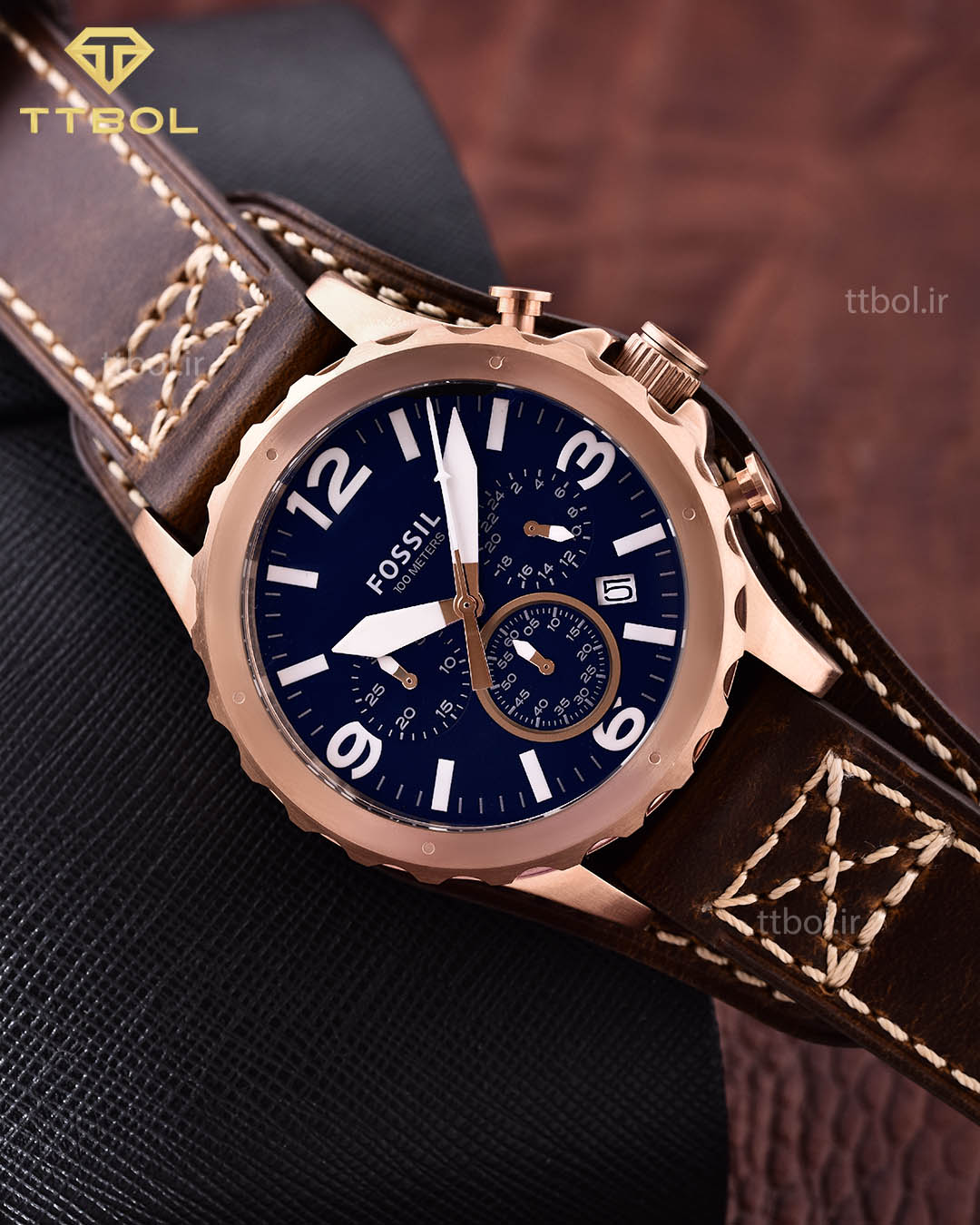 Fossil Nate Chronograph Blue Dial Brown Leather Strap Watch for Men - JR1505