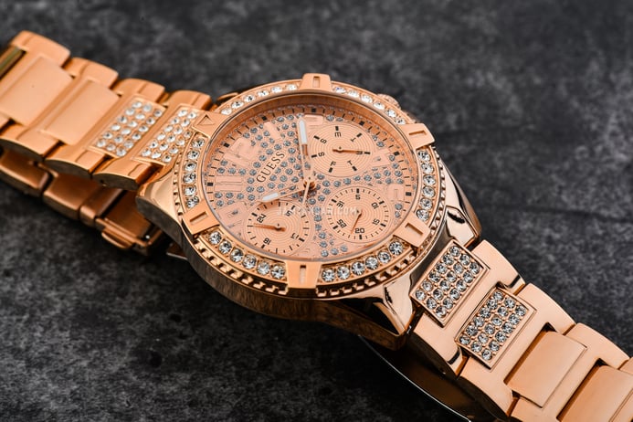 Guess Frontier Diamonds Rose Gold Dial Rose Gold Steel Strap Watch For Women - W1156L3