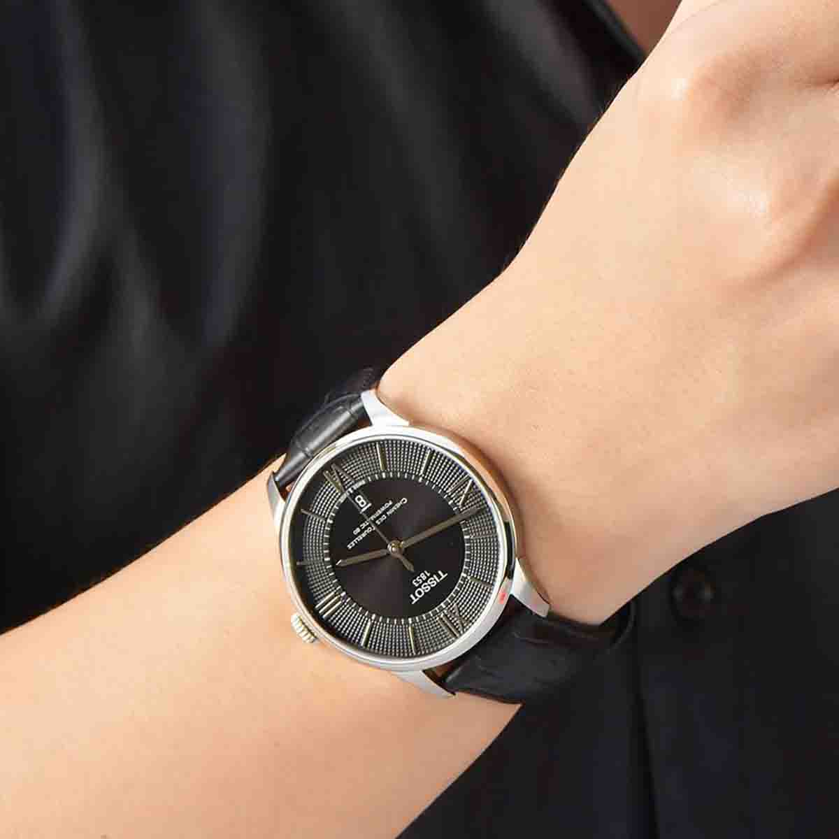 Tissot Chemin Des Tourelles Powermatic 80 Black Dial Black Leather Strap Watch For Men - T099.407.16.058.00