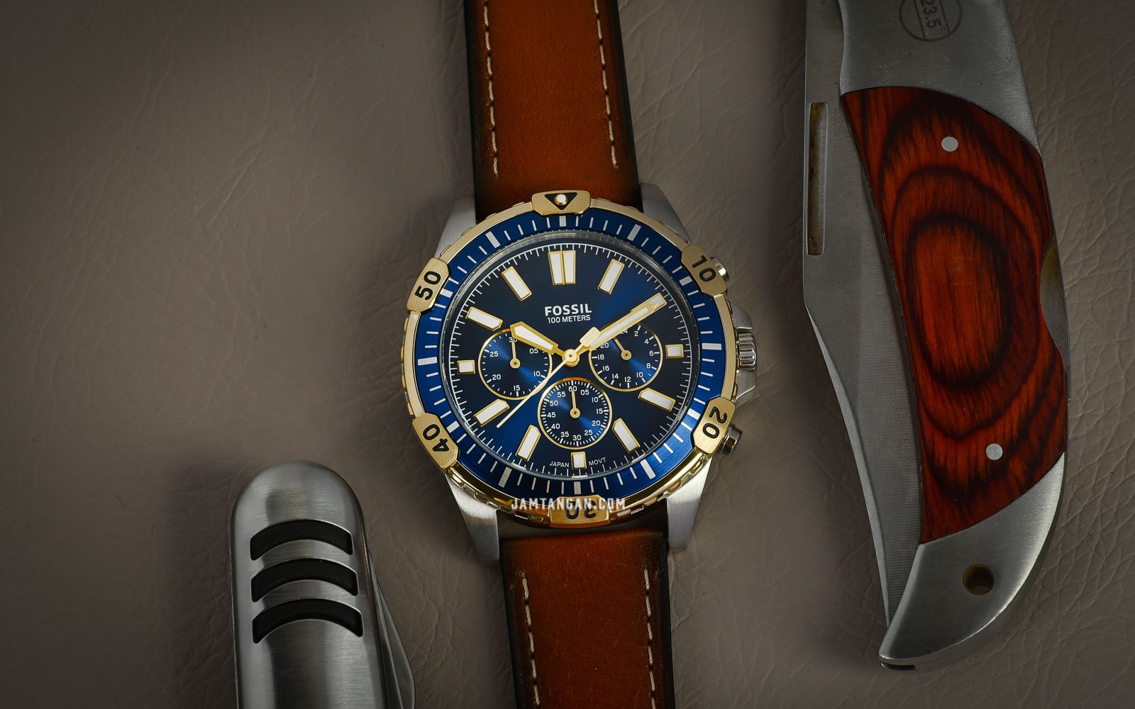 Fossil Garrett Chronograph Blue Dial Brown Leather Strap Watch for Men - FS5625