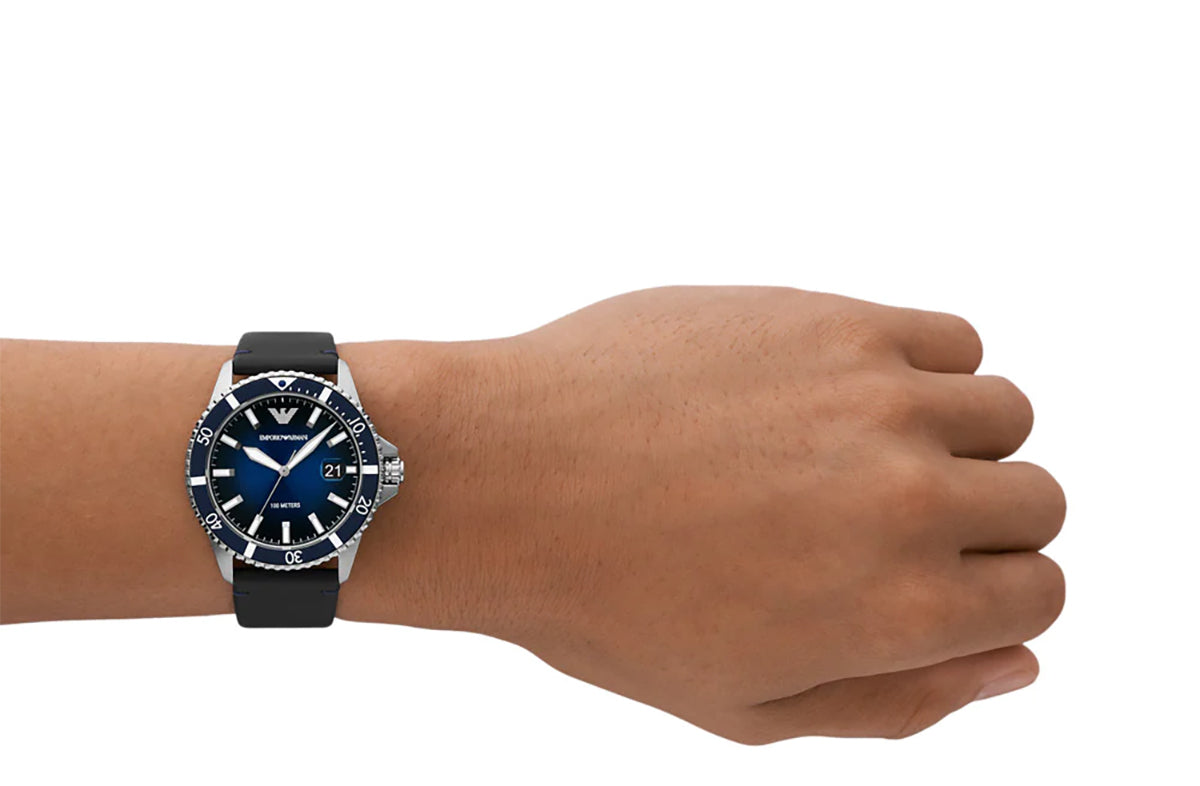 Emporio Armani Diver Three-Hand Quartz Blue Dial Blue Leather Strap Watch For Men - AR11516