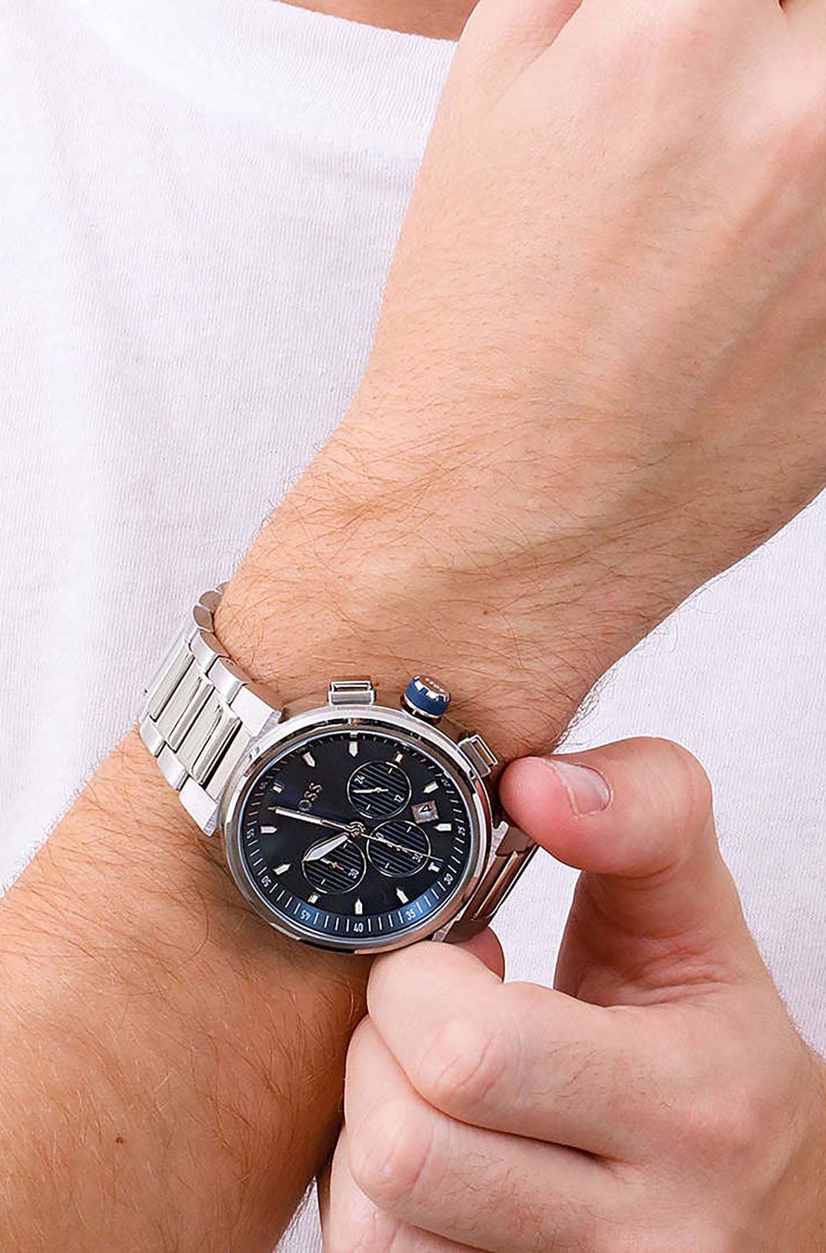 Hugo Boss One Chronograph Blue Dial Silver Steel Strap Watch For Men - 1513999