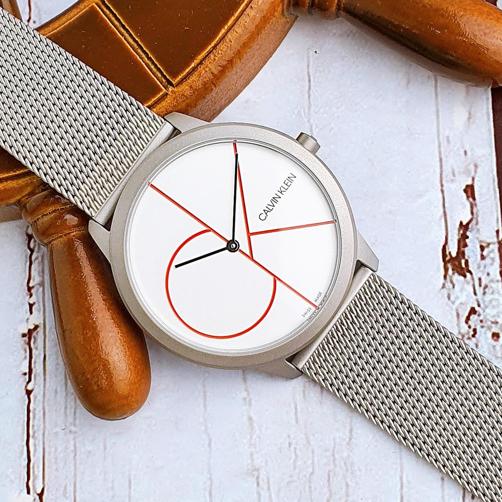 Calvin Klein Minimal White Dial Silver Mesh Bracelet Watch for Men - K3M51152