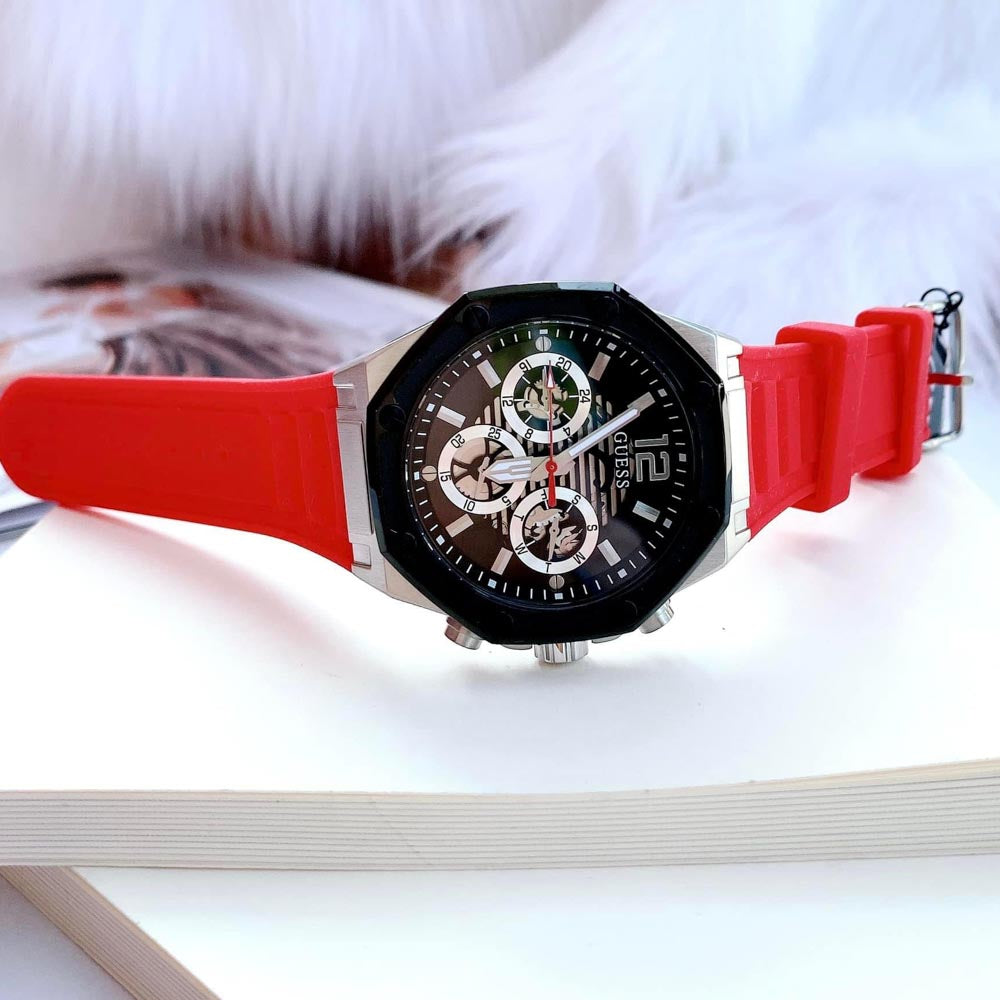 Guess Momentum Black Dial Red Rubber Strap Watch for Men - GW0263G3