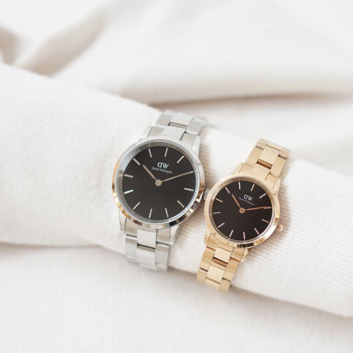 Daniel Wellington Iconic Link Black Dial Silver Steel Strap Watch for Women - DW00100204