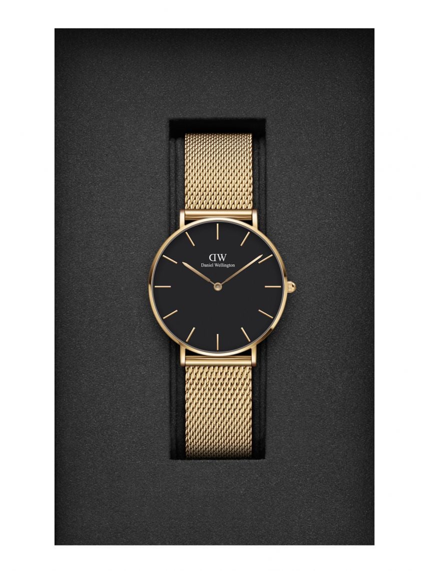Daniel Wellington Petite Evergold Black Dial Gold Mesh Strap Watch For Women - DW00100345