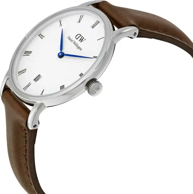 Daniel Wellington Dapper Bristol White Dial Brown Leather Strap Watch For Women - DW00100098