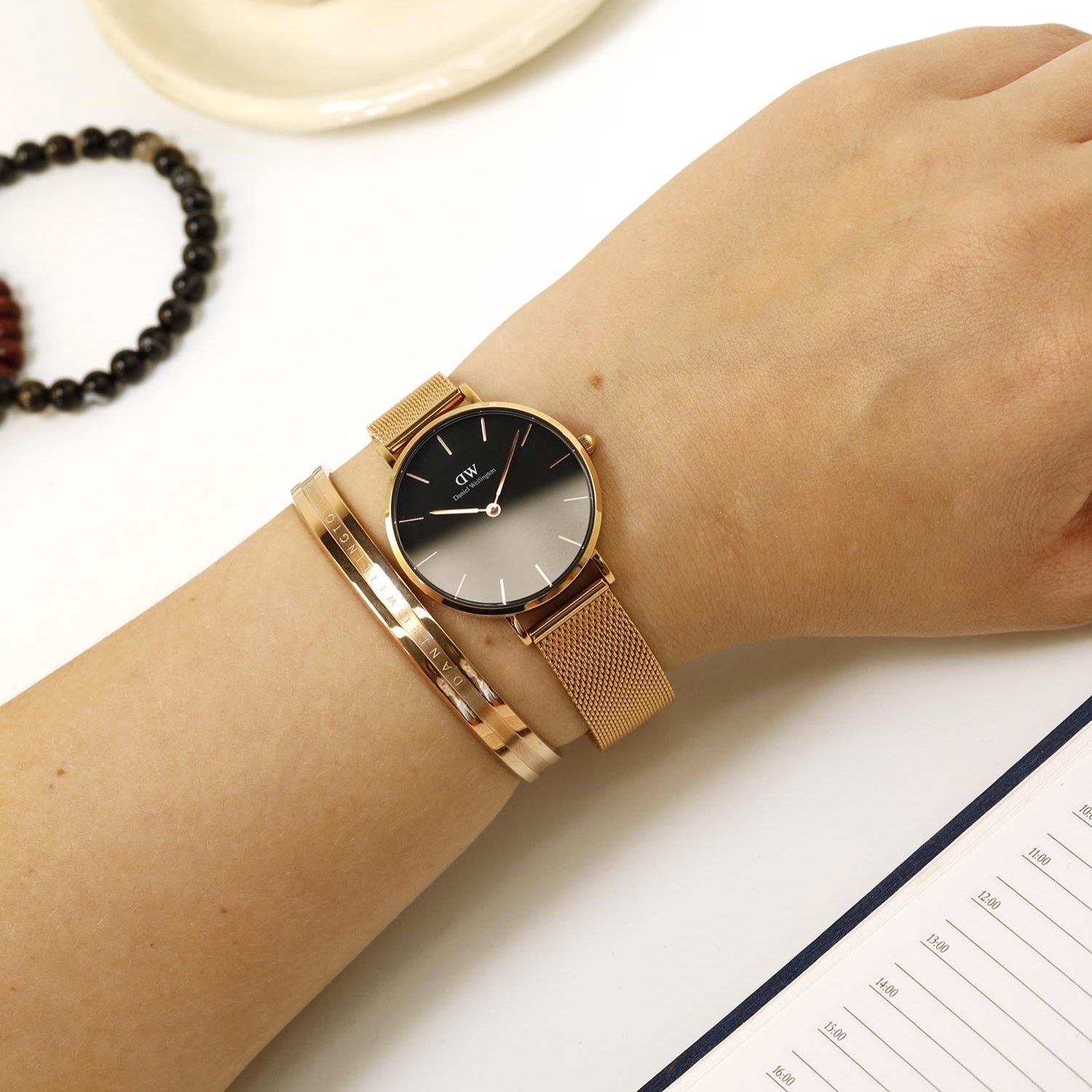 Daniel Wellington Classic Melrose Black Dial Gold Mesh Bracelet Watch For Women - DW00100161