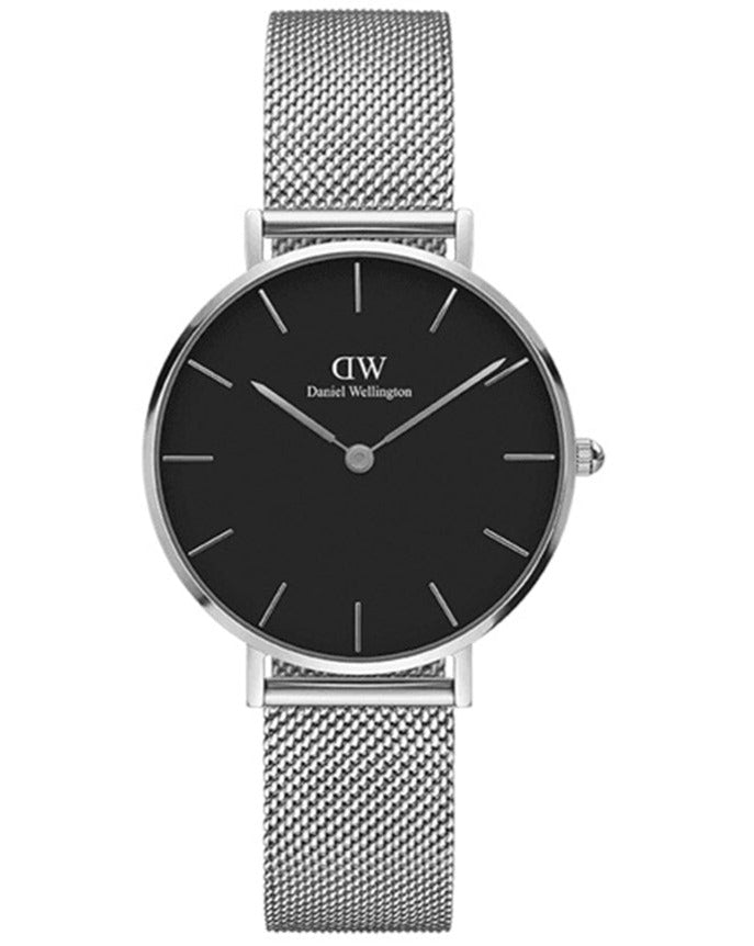 Daniel Wellington Classic Petite Sterling Black Dial Silver Mesh Bracelet Watch For Women - DW00100162