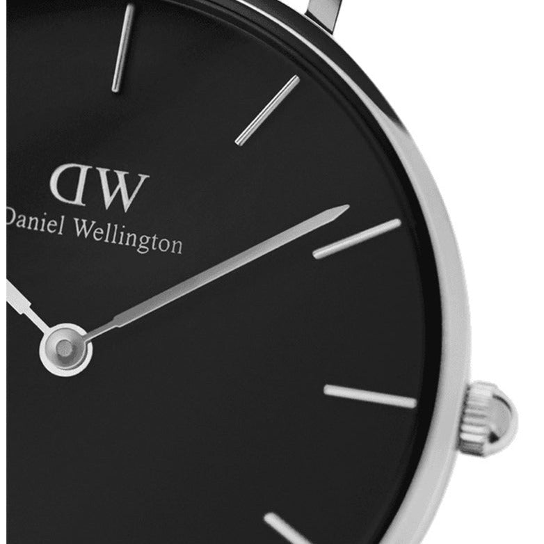 Daniel Wellington Classic Petite Sterling Black Dial Silver Mesh Bracelet Watch For Women - DW00100162