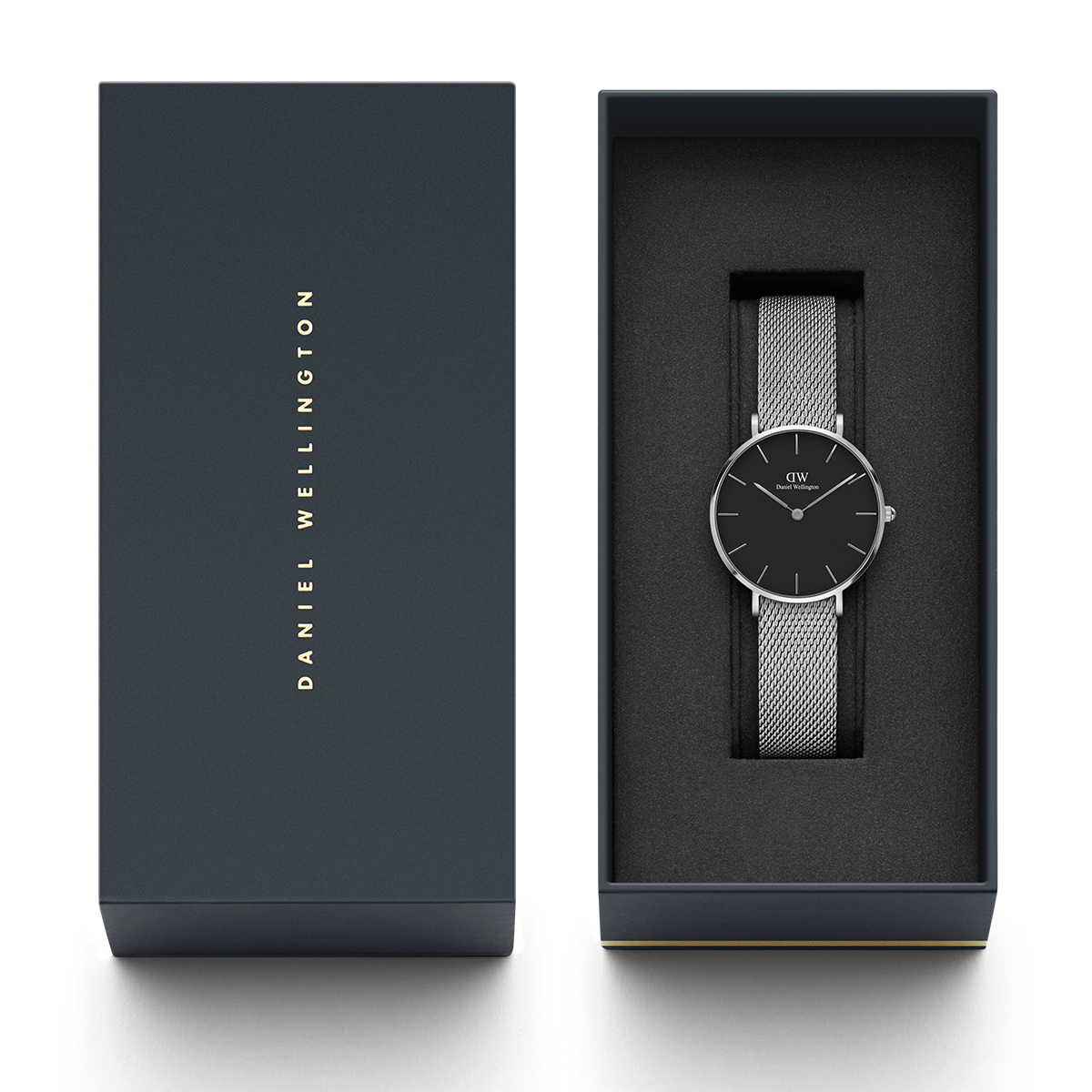 Daniel Wellington Classic Petite Sterling Black Dial Silver Mesh Bracelet Watch For Women - DW00100162