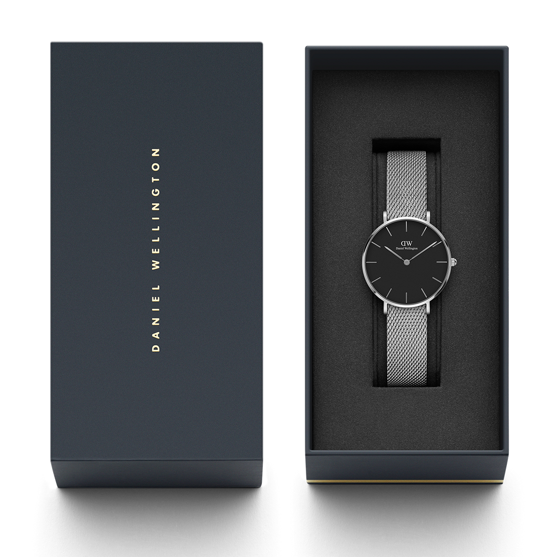 Daniel Wellington Classic Petite Sterling Black Dial Silver Mesh Bracelet Watch For Women - DW00100162