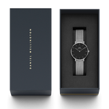 Daniel Wellington Classic Petite Sterling Black Dial Silver Mesh Bracelet Watch For Women - DW00100162