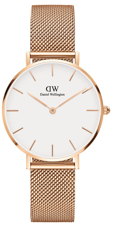 Daniel Wellington Classic Petite Melrose White Dial Rose Gold Mesh Bracelet Watch For Women - DW00100163
