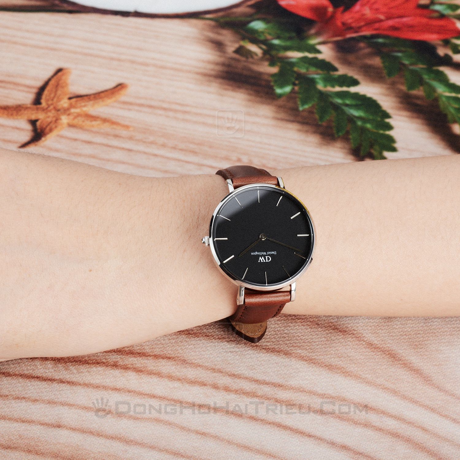 Daniel Wellington Classic Petite St Mawes Black Dial Brown Leather Strap Watch For Women - DW00100181