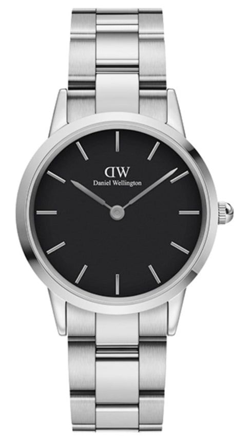 Daniel Wellington Iconic Link Black Dial Silver Steel Strap Watch For Women - DW00100206