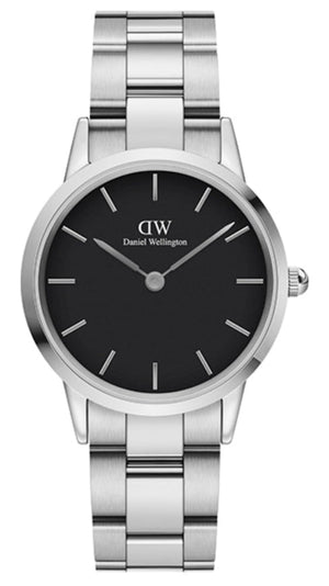 Daniel Wellington Iconic Link Black Dial Silver Steel Strap Watch For Women - DW00100206