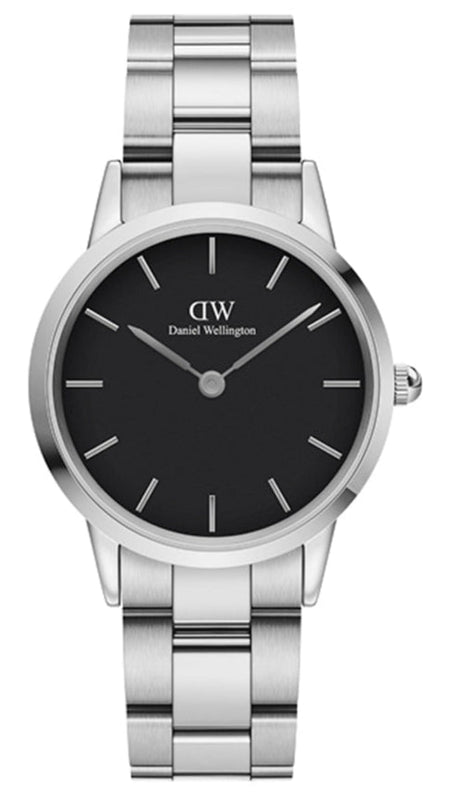 Daniel Wellington Iconic Link Black Dial Silver Steel Strap Watch For Women - DW00100206