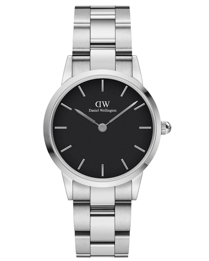 Daniel Wellington Iconic Link Black Dial Silver Steel Strap Watch For Women - DW00100208