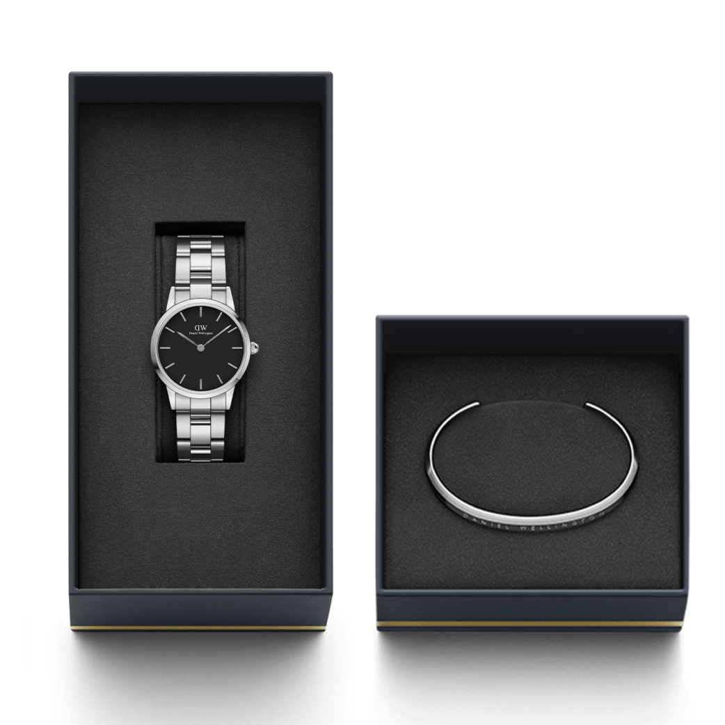 Daniel Wellington Iconic Link Black Dial Silver Steel Strap Watch For Women - DW00100208