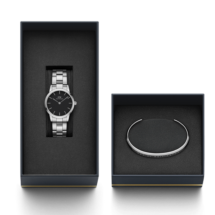 Daniel Wellington Iconic Link Black Dial Silver Steel Strap Watch For Women - DW00100208