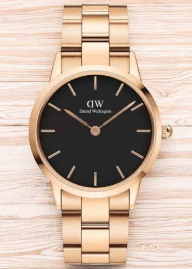 Daniel Wellington Iconic Link Black Dial Rose Gold Steel Strap Watch for Women - DW00100210