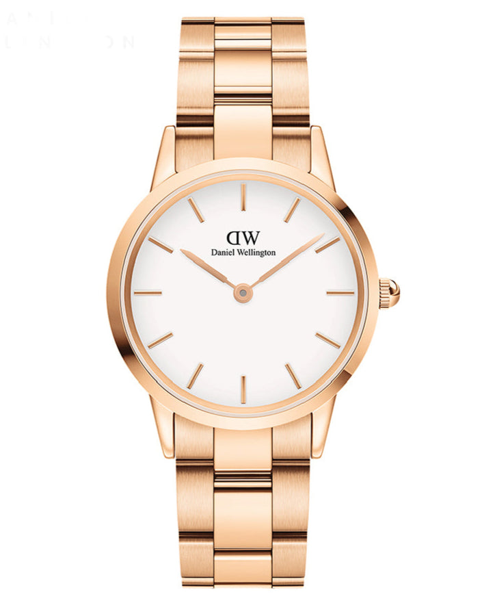 Daniel Wellington Iconic Link White Dial Rose Gold Steel Strap Watch For Women - DW00100211