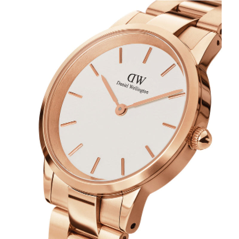 Daniel Wellington Iconic Link White Dial Rose Gold Steel Strap Watch For Women - DW00100211