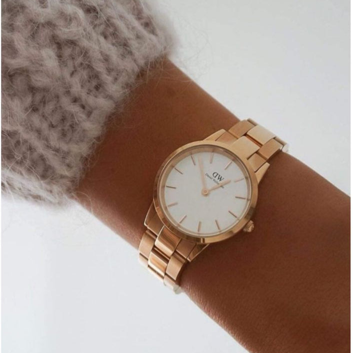Daniel Wellington Iconic Link White Dial Rose Gold Steel Strap Watch For Women - DW00100211