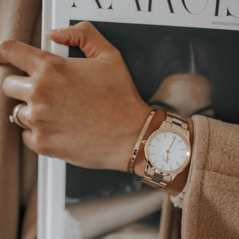 Daniel Wellington Iconic Link White Dial Rose Gold Steel Strap Watch For Women - DW00100211