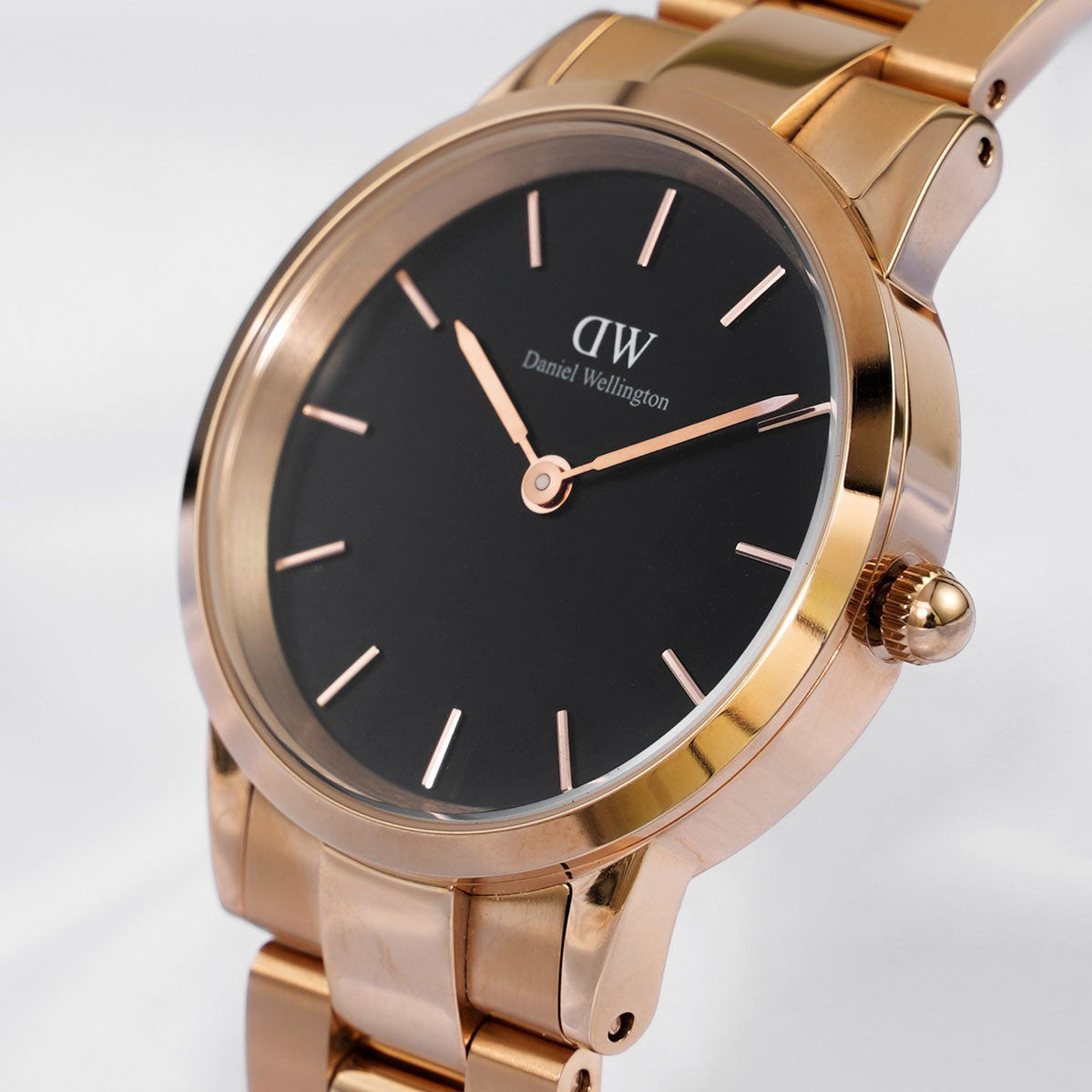 Daniel Wellington Iconic Link Black Dial Rose Gold Steel Strap Watch for Women - DW00100212
