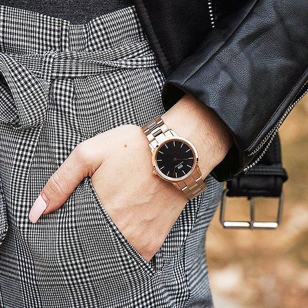 Daniel Wellington Iconic Link Black Dial Rose Gold Steel Strap Watch for Women - DW00100212